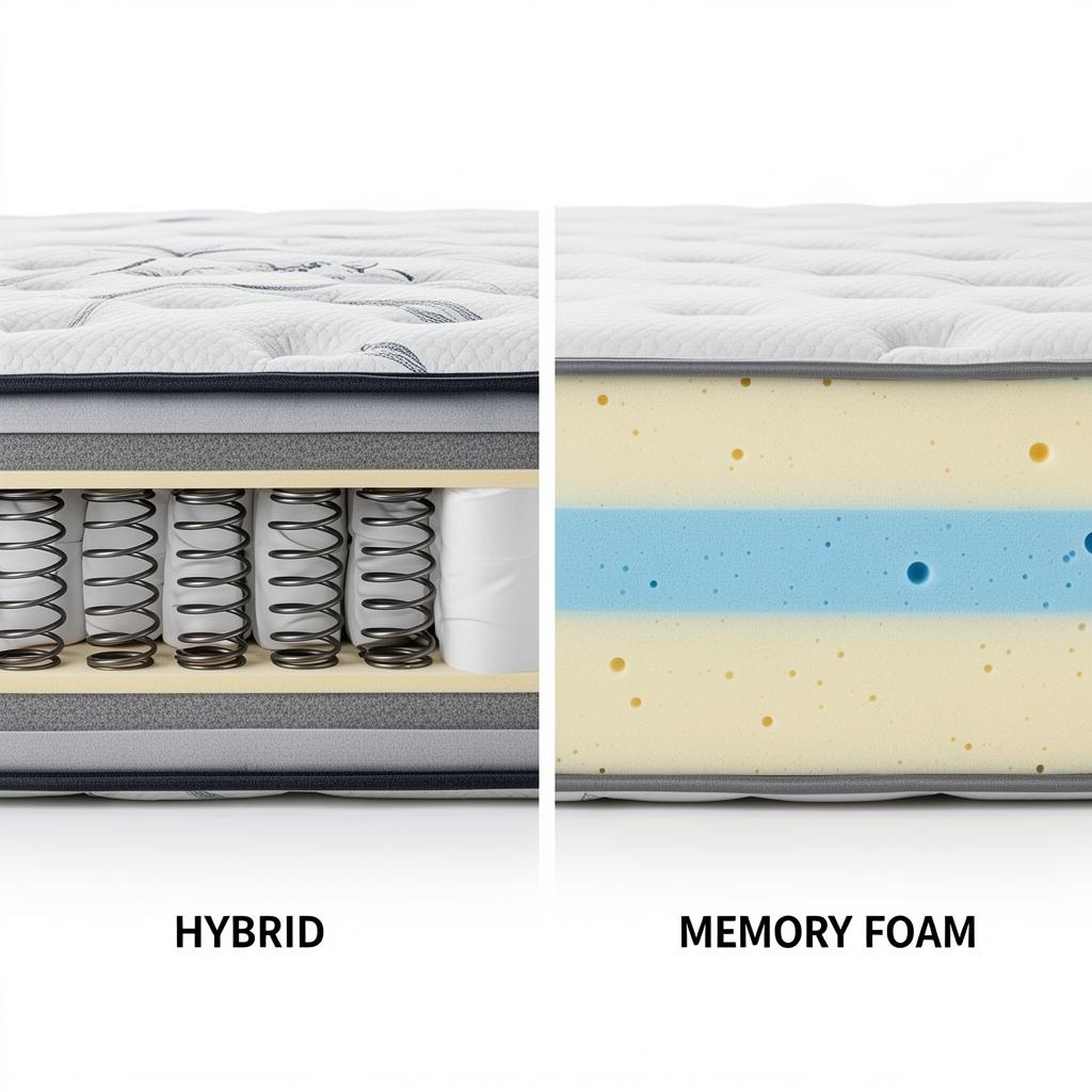 Side-by-side comparison of hybrid mattress with springs versus memory foam mattress construction