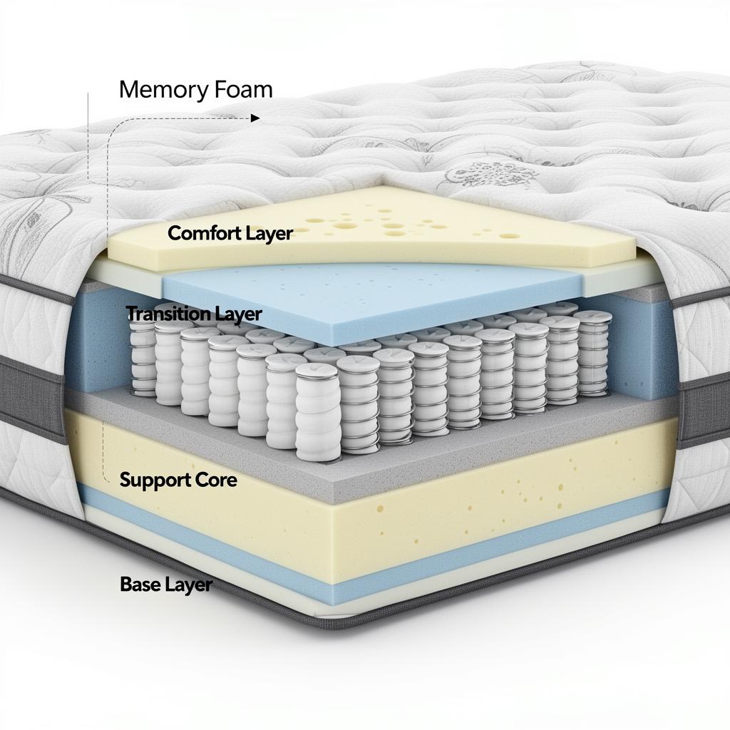 Cross-section diagram of mattress layers showing comfort layer, transition layer, support core and base layer