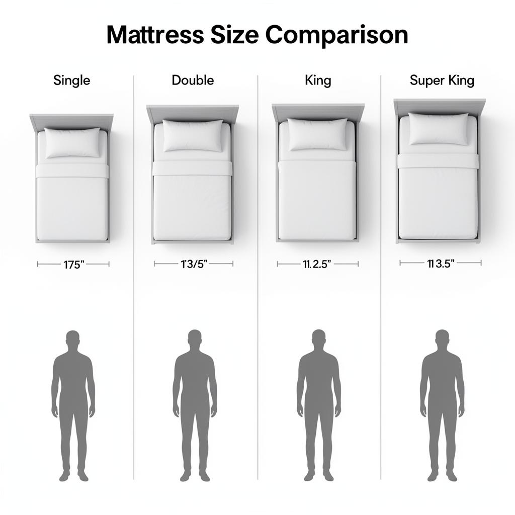 UK mattress size comparison chart showing Single, Double, King, Super King beds with person silhouettes for scale